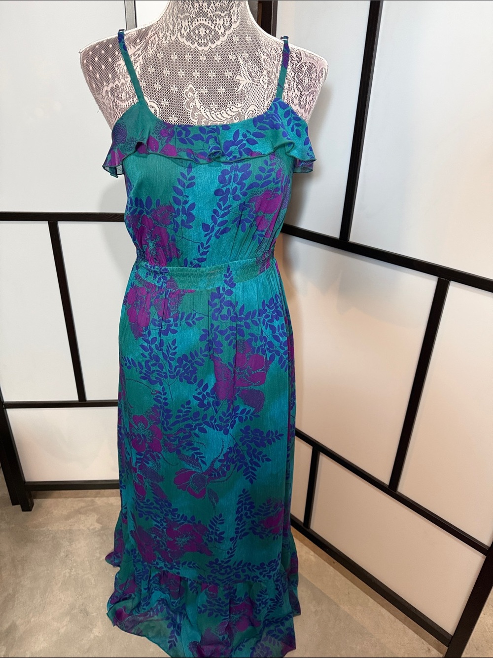 Express Teal and Purple Floral Ruffle-Trim Maxi Dress